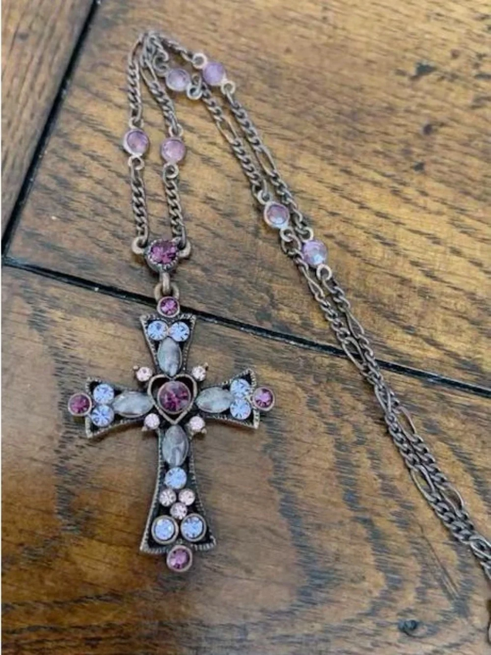 VTG Lia Sophia Debonair Purple Crystal Cross Necklace 1928 Co Extension Chain